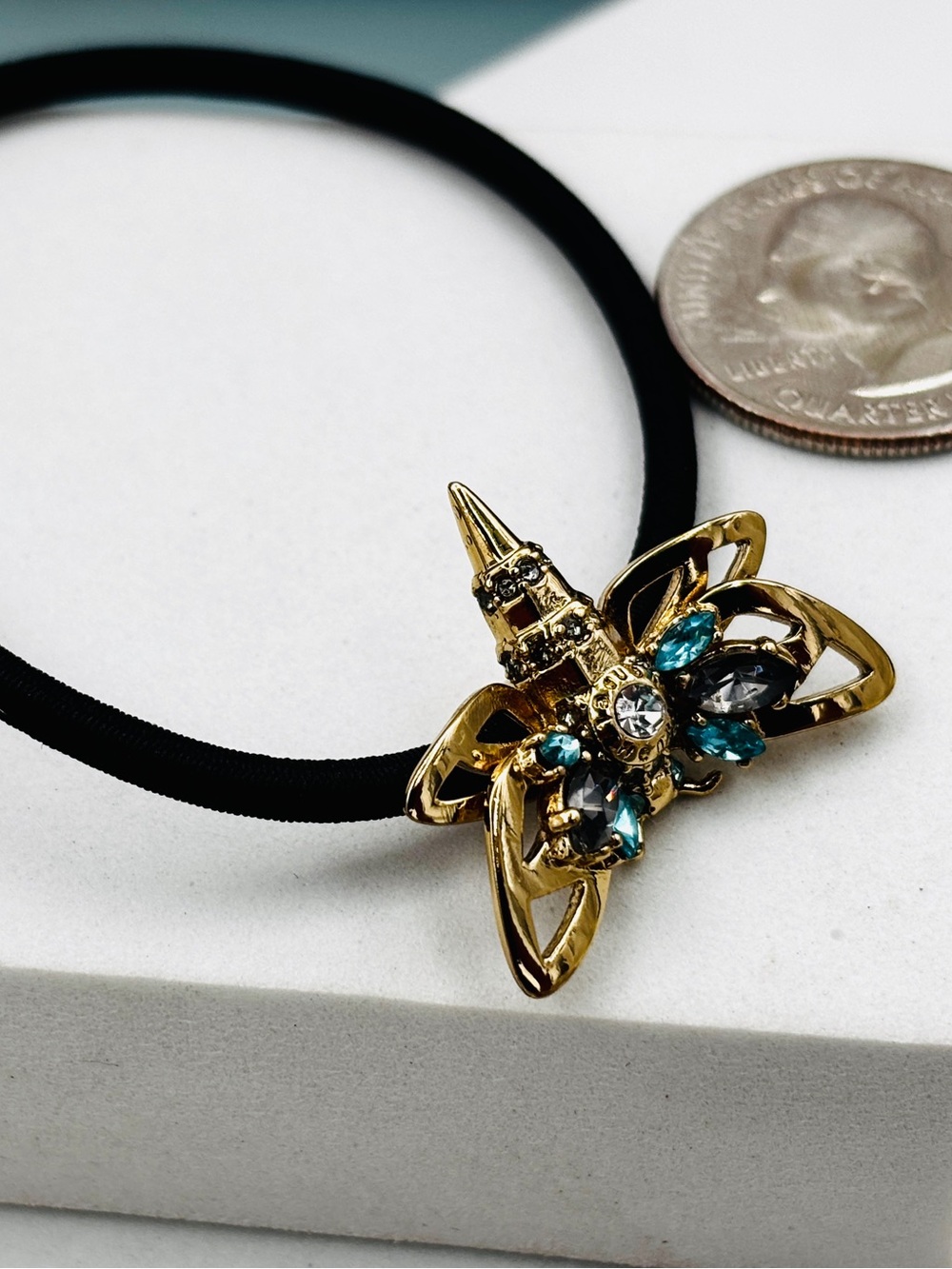 Henri Bendel Vintage Dragonfly Crystal Logo Hair Tie Pony-tail Holder